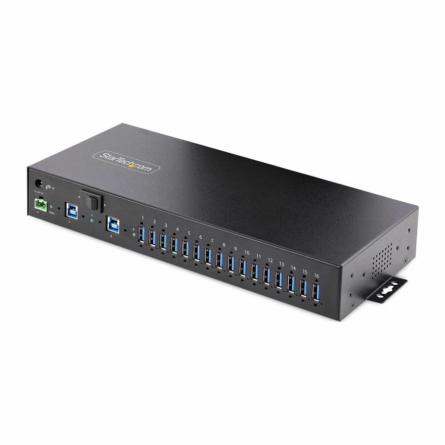 StarTech 16-Port Industrial USB 3.0 Hub 5Gbps, Mountable, Terminal Block Power Up to 120W Shared, USB Charging, Dual-Host Switch, TAA