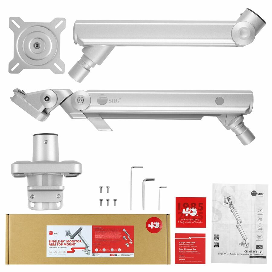 SIIG MTPRO Heavy Duty Desk Mount Single Monitor Arm - Up to 49"- Max load up to 44 lbs - VESA 75 & 100mm - TAA Compliant