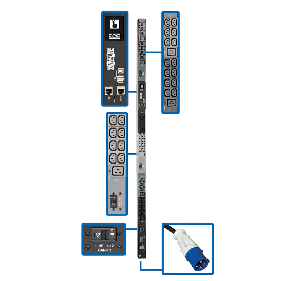 Tripp Lite by Eaton PDU 14.5kW 200-240V 3PH Monitored PDU - LX Interface Gigabit 48 Outlets IEC 309 60A Blue Input LCD 3 m Cord 0U 1.8 m Height TAA