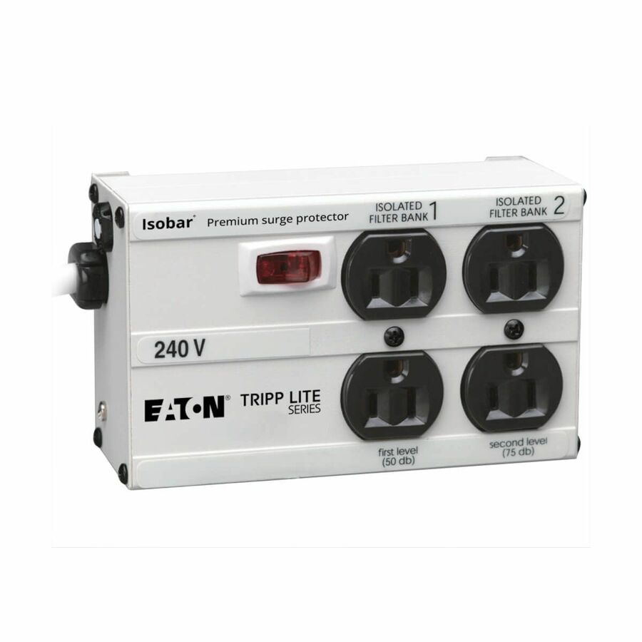 Eaton Tripp Lite Series Isobar 4-Outlet 230V Surge Protector, 6 ft. (1.83 m) Cord with Right-Angle Plug, 330 Joules, Metal Housing