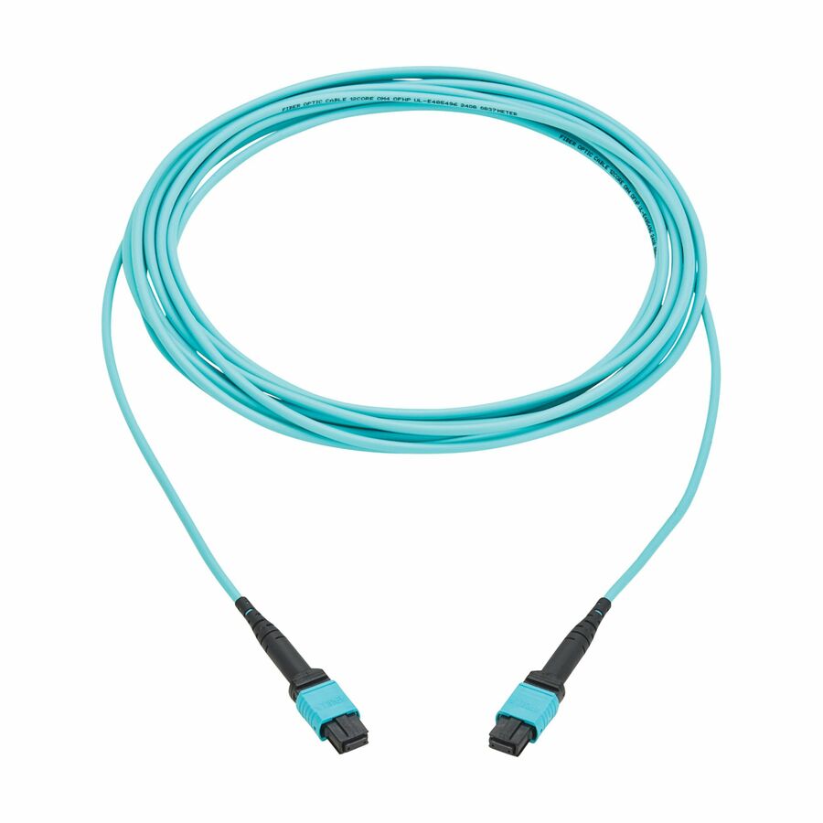 Eaton Tripp Lite Series 100G Multimode 50/125 OM4 Fiber Optic Cable (12F MPO/MPO-PC F/F), Type-A Polarity, OFNP, Aqua, 5 m (16.4 ft.), TAA