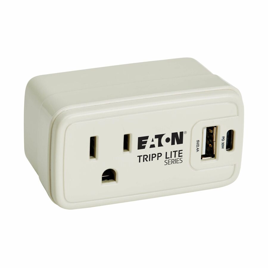 Eaton Tripp Lite Series Power It! 1-Outlet Universal Travel Charger and Power Strip - 5-15R Outlet, USB-C and USB-A Ports, 32W PD Charging, 5-15P Direct Plug-In, Gray