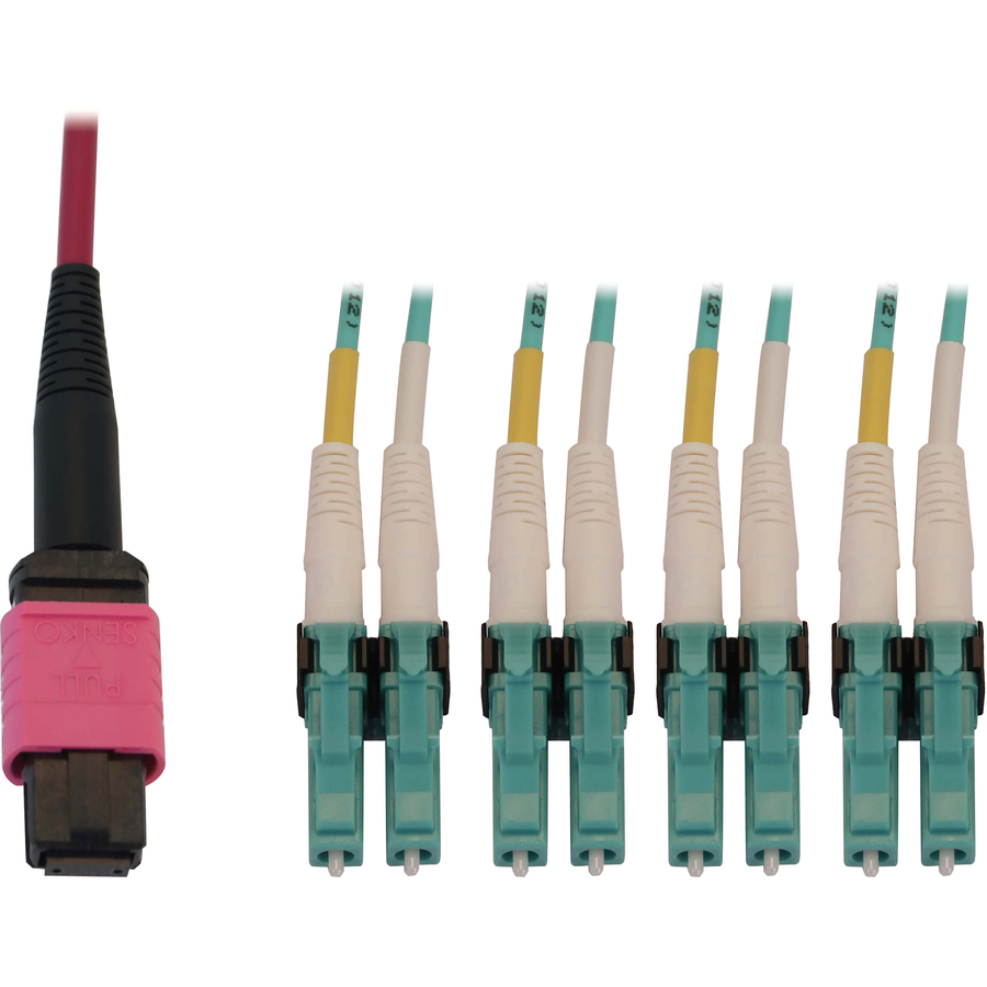 Eaton Tripp Lite Series 40/100G Multimode 50/125 OM4 Fiber Optic Cable (12F MTP/MPO-PC to 4x Duplex LC/PC F/M), LSZH, Magenta, 2 m (6.6 ft.)