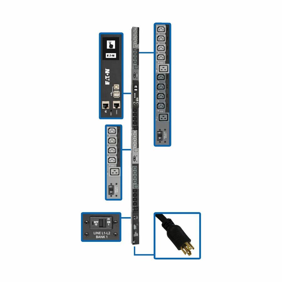 Tripp Lite by Eaton PDU 10kW 200-240V 3PH Switched PDU - LX Interface Gigabit 30 Outlets L21-30P Input LCD 3 m Cord 0U 1.8 m Height TAA