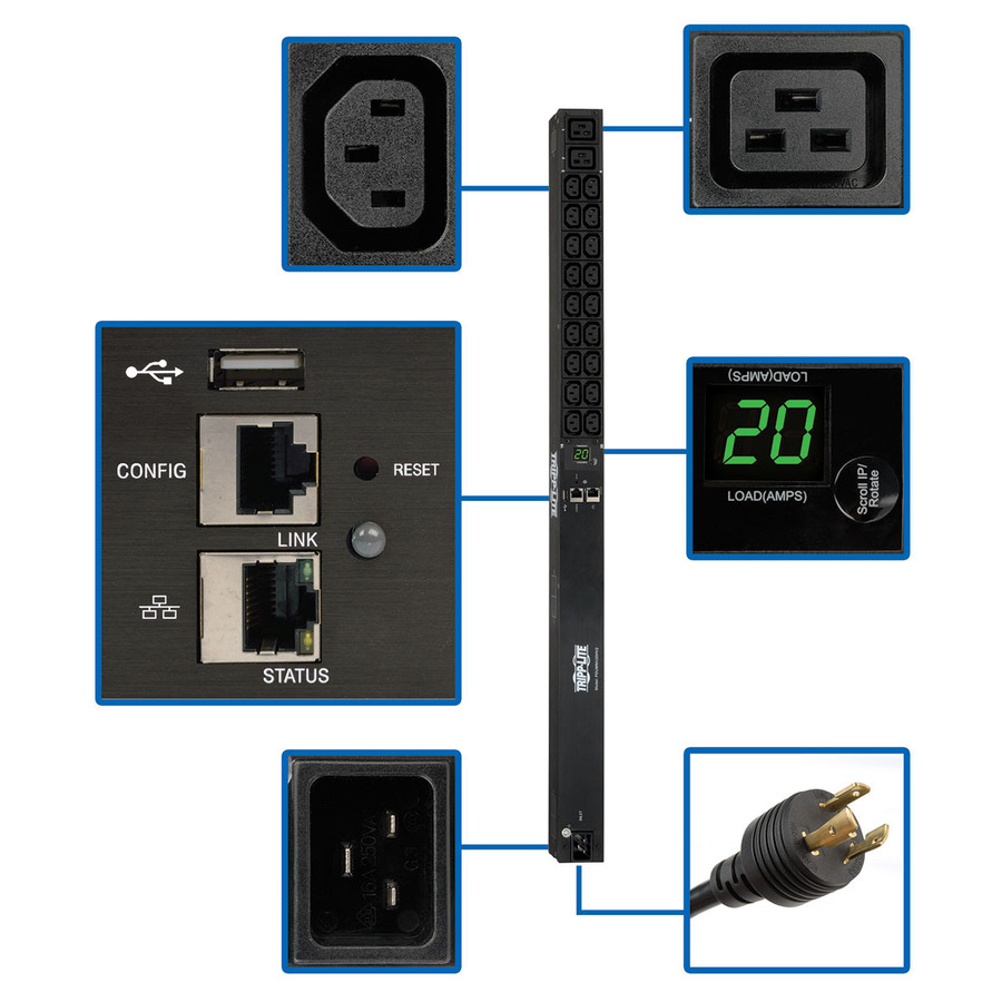 Tripp Lite by Eaton PDU 3.7kW Single-Phase 208/230V Monitored PDU - LX Platform 18 C13 2 C19 Outlets C20 / L6-20P Inputs 0U 900mm Height TAA