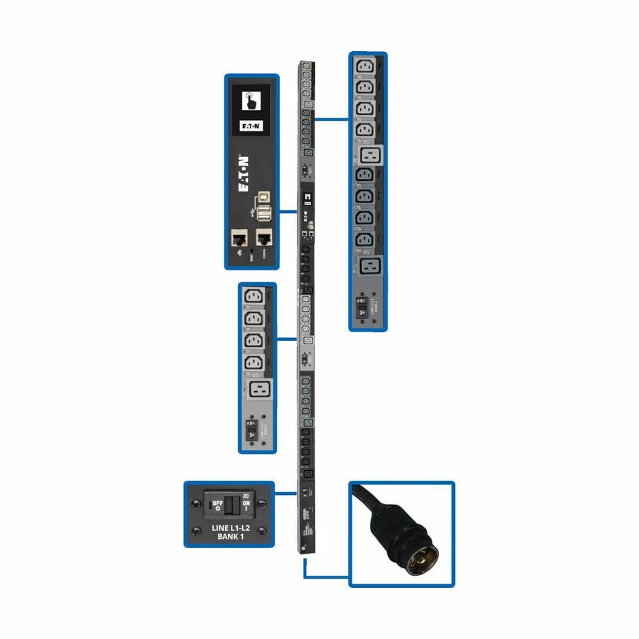 Tripp Lite by Eaton PDU 10kW 200-240V 3PH Switched PDU - LX Interface Gigabit 30 Outlets L21-30P Input LCD 1.8 m Cord 0U 1.8 m Height TAA