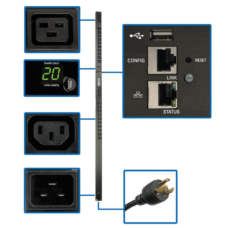 Tripp Lite by Eaton PDU 3.7kW Single-Phase 208/230V Monitored PDU - LX Platform 20 C13 4 C19 Outlets C20 Input with L6-20P Adapter 0U 1778mm Height TAA