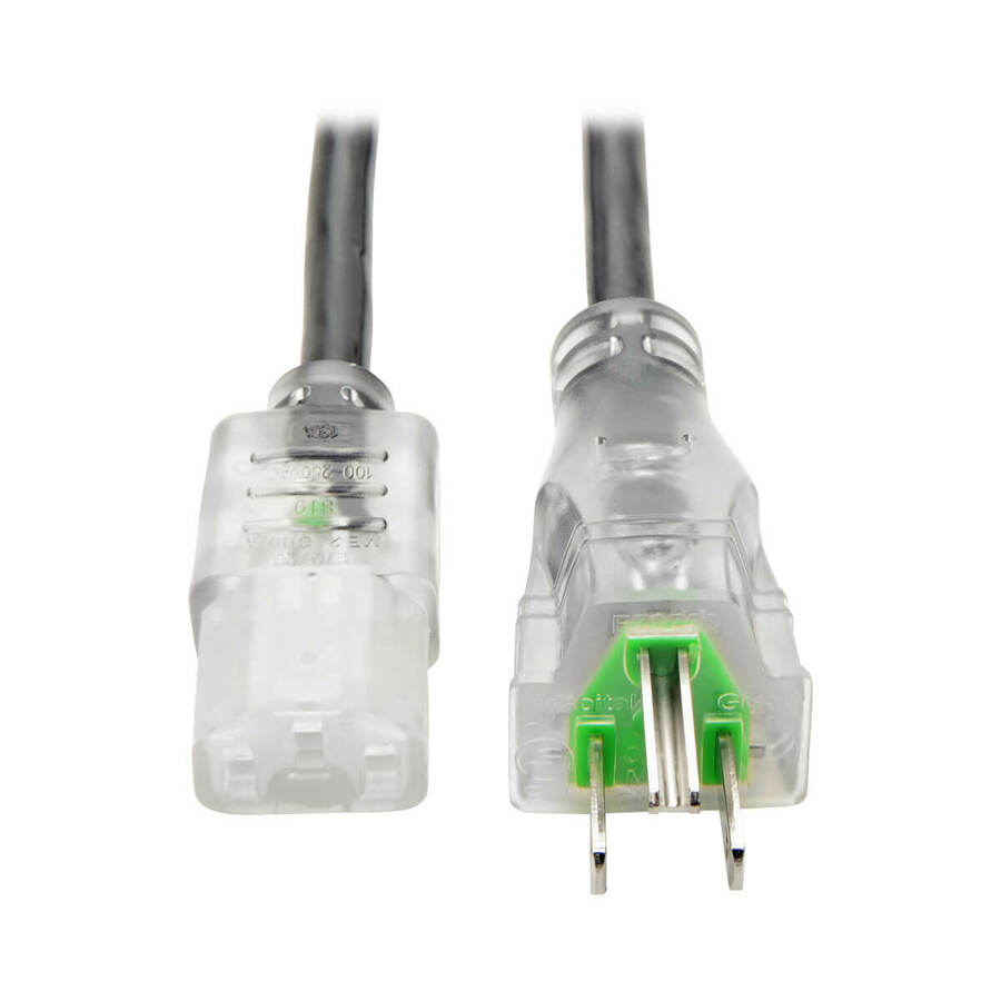 Eaton Tripp Lite Series Hospital-Grade Power Cord, NEMA 5-15P to C13 - Green Dot, 13A, 125V, 16 AWG, 10 ft. (3.05 m), Clear Plugs