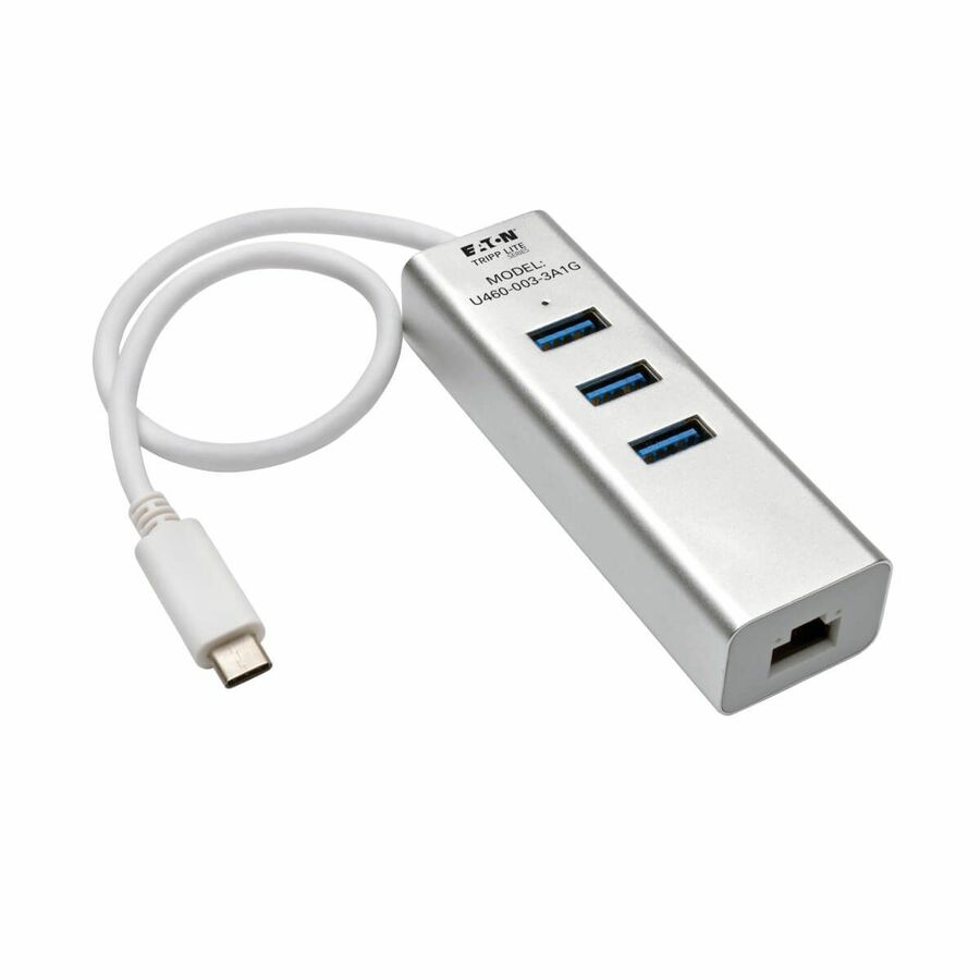 Eaton Tripp Lite Series 3-Port USB 3.x (5Gbps) Hub with LAN Port, USB-C to 3x USB-A Ports and Gigabit Ethernet, Silver