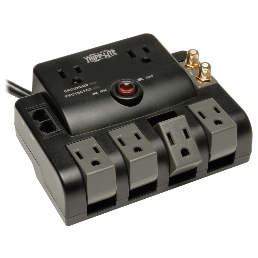 Eaton Tripp Lite Series Protect It! 6-Outlet Surge Protector - 4 Rotating Outlets, 5-15P Input, 1440 Joules, Tel/Modem/Coax Protection, Black