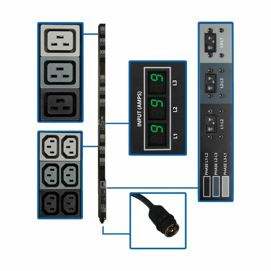 Tripp Lite by Eaton PDU 12.6kW 3-Phase Local Metered PDU 208V Outlets (36 C13 & 9 C19) Hubbell 50A CS8365C 6 ft. (1.83 m) Cord 0U Vertical TAA