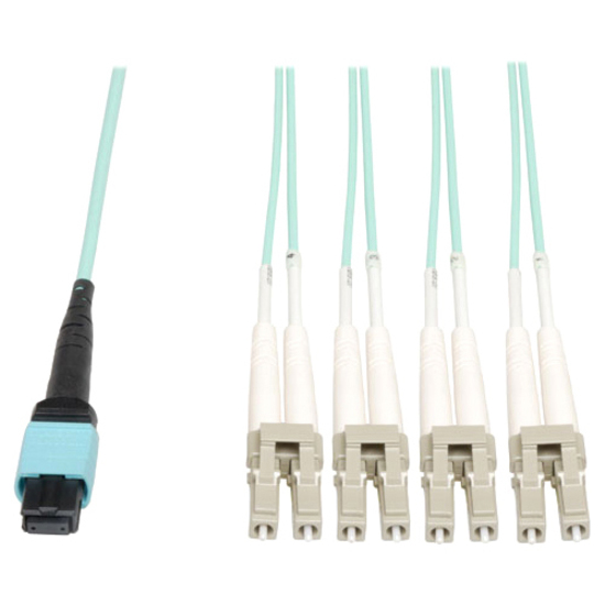 Eaton Tripp Lite Series MTP/MPO Fan-Out Cable, MTP/MPO to 4xLC, 40GbE, 40GBASE-SR4, OM3 Plenum-Rated - Aqua, 3M (10 ft.)