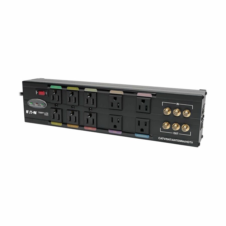 Eaton Tripp Lite Series Isobar 10-Outlet Home/Business Theater Surge Protector, 8 ft. Cord with Right-Angle Plug, 3840 Joules, LEDs, Metal Housing