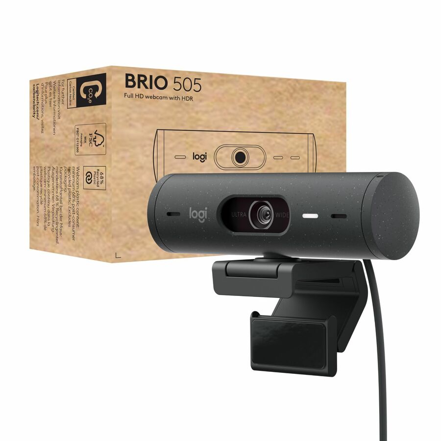 Logitech Brio 505 Full HD Webcam, TAA Compliant, Auto-Framing, Show Mode, Dual Noise Reduction Mics, Privacy Shutter
