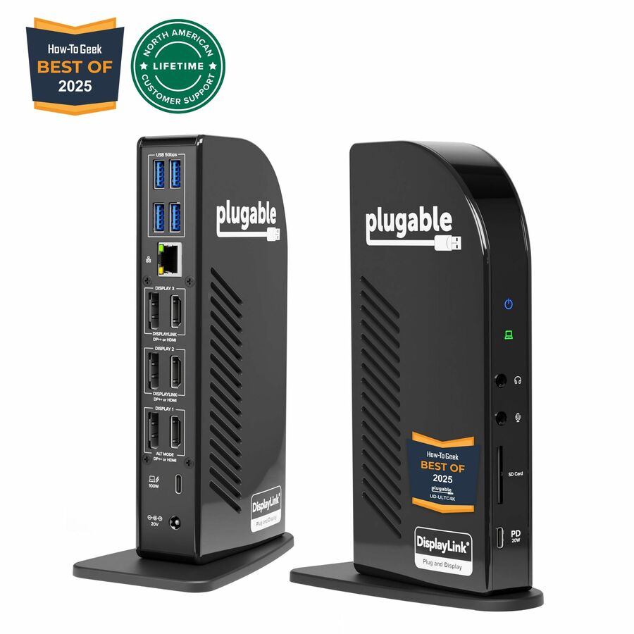 Plugable 4K USB C Docking Station Triple Monitor with 100W Power Delivery, USB C Dock for Thunderbolt 3/4, and USB-C Windows and Mac