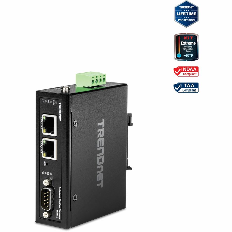 TRENDnet 1-Port Fast Ethernet Industrial Modbus Gateway, 1 x Serial DB-9 Port, 2 x Fast Ethernet Ports, Up to 100m (328 ft), IP30 Rated Housing, Extreme Temperature Protection, Black, TI-M12