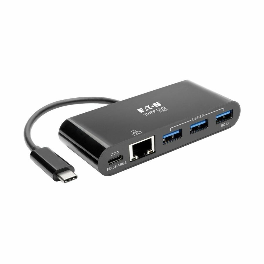 Tripp Lite by Eaton 3-Port USB-C Hub with LAN Port and Power Delivery USB-C to 3x USB-A Gbe 60W PD Charging USB 3.0 Black