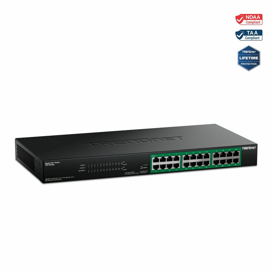 TRENDnet 24-Port Gigabit PoE+ Switch, 24 x Gigabit PoE+ Ports, 370W Power Budget, 48Gbps Switch Capacity, RackMount Kit Included, Ethernet Network Switch, Metal, Lifetime Protection, Black, TPE-TG240G