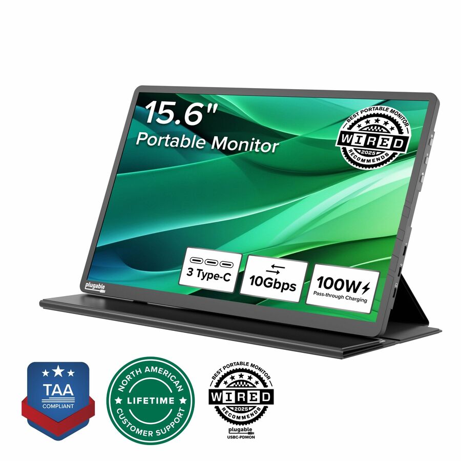 Plugable USB C Portable Monitor 15.6 Inch, 100W Pass-Through Charging for Your Laptop Smartphone Tablet