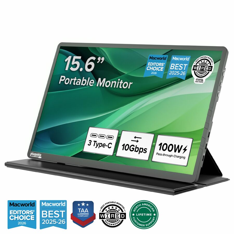 Plugable USB C Portable Monitor 15.6 Inch, 100W Pass-Through Charging for Your Laptop Smartphone Tablet