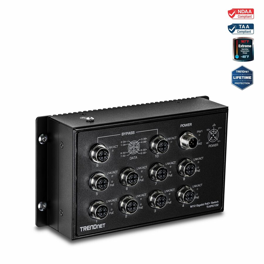 TRENDnet 10-Port Industrial EN 50155 M12 Gigabit PoE+ Railway Switch, TI-XPG102, IP40 Rated for Harsh Environments, NDAA + TAA Compliant, Black