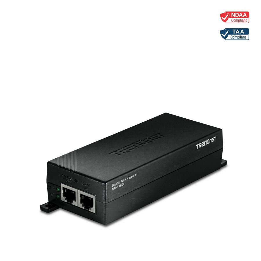 TRENDnet Gigabit PoE++ Injector, TPE-116GI, Supplies PoE (15.4W), PoE+ (30W), or PoE++ (60W), Network A PoE Device Up to 100m(328 ft), NDAA & TAA Compliant, Plug & Play, Black