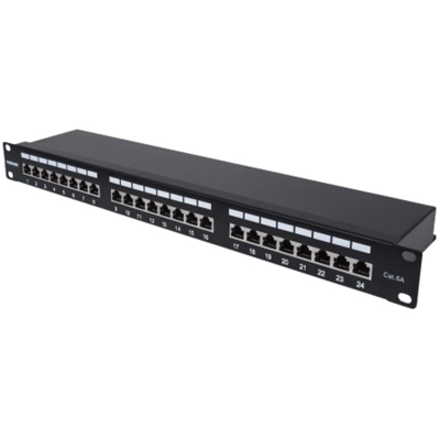 Patch Panel, Cat6a, FTP, 24-Port, 1U, Shielded, 90° Top-Entry Punch Down Blocks, Black