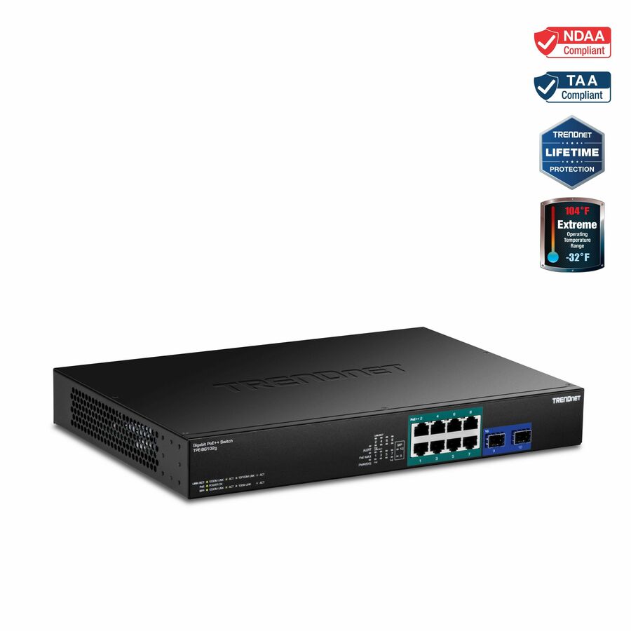 TRENDnet TPE-BG102g- 10-Port Gigabit 240W PoE++ Switch with 4 x 95W PoE++ Ports- 4 x 30W PoE+ Ports- 2 Gigabit SFP Slots, 240W PoE Budget- 1U 19" Rack Mountable