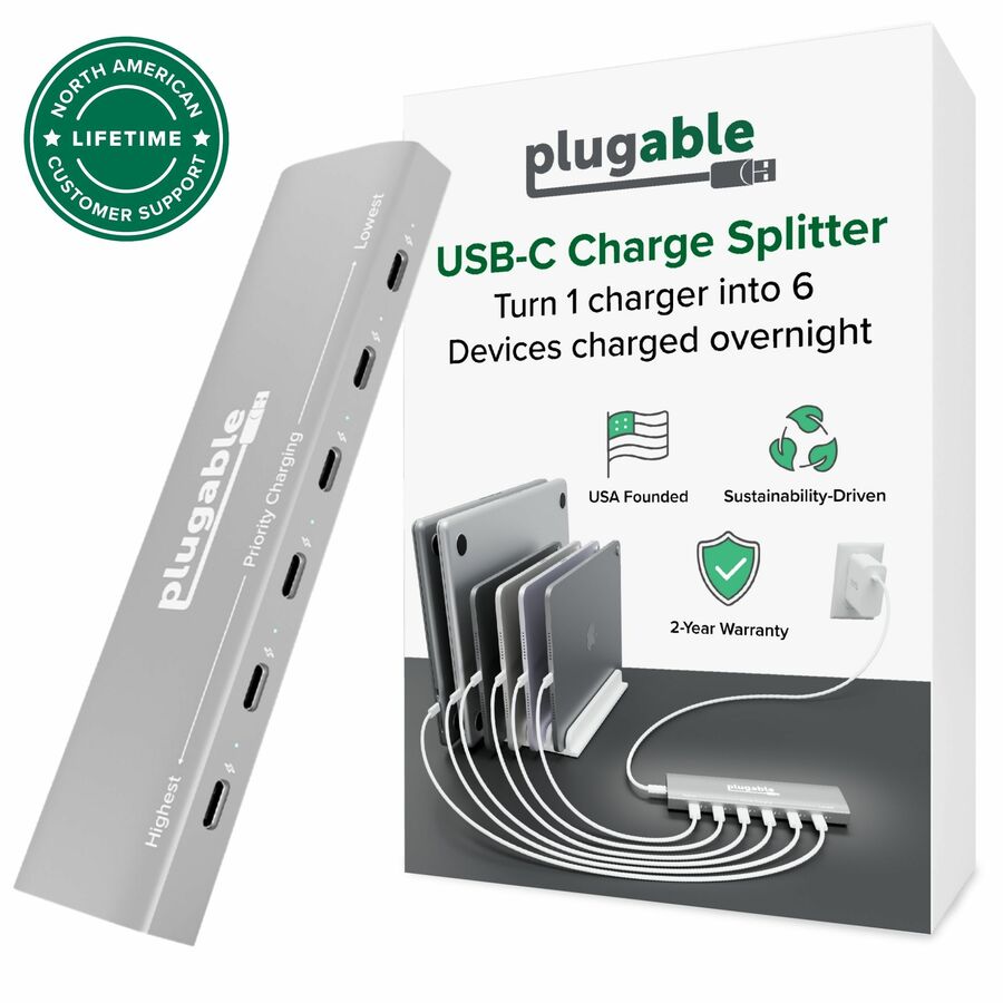 Plugable 6 Port USB C Charging Station, Up to 100W Charger for Multiple Devices with Priority Charging