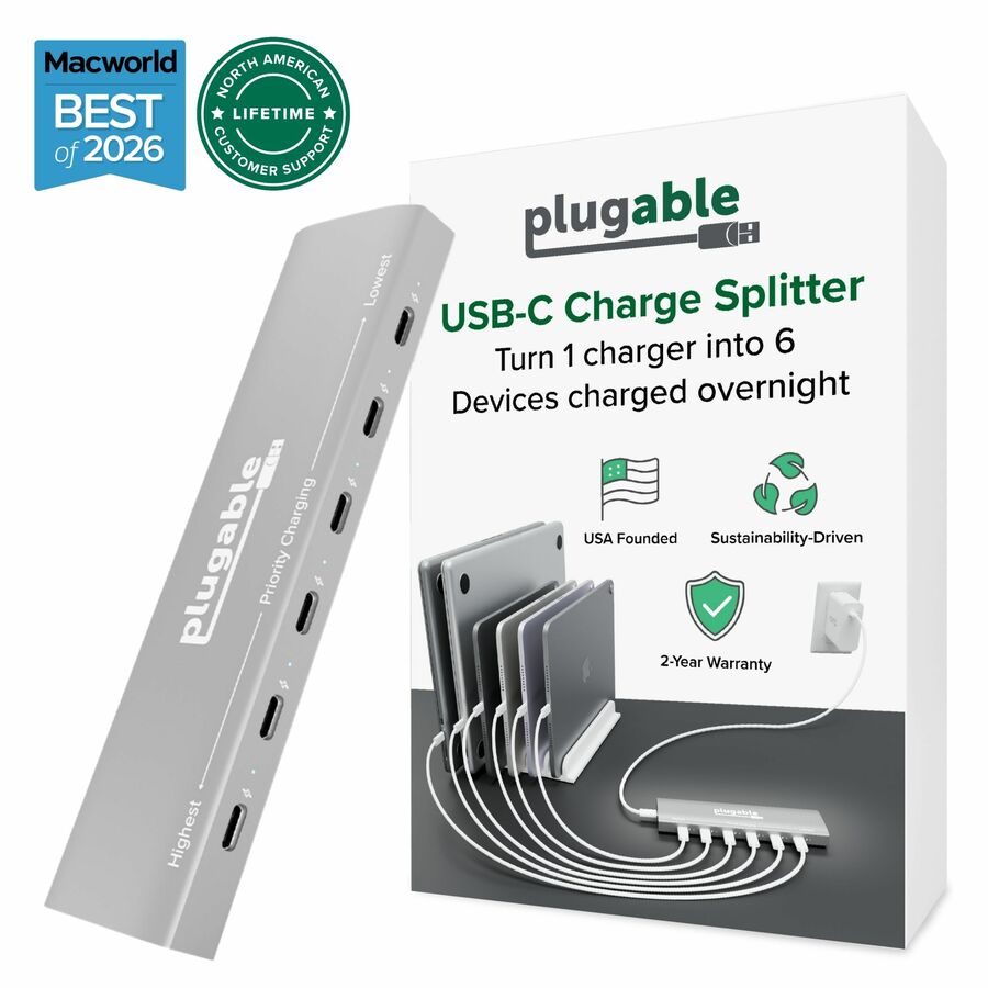 Plugable 6 Port USB C Charging Station, Up to 100W Charger for Multiple Devices with Priority Charging