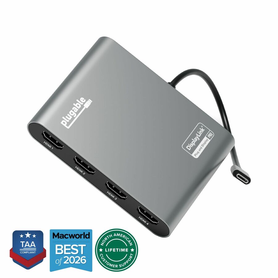 Plugable USB C to Quad HDMI 4K Adapter with 100W PD Pass-Though Power Delivery for Windows, Mac M1/M2/M3/M4, Thunderbolt, and USB-C Laptops