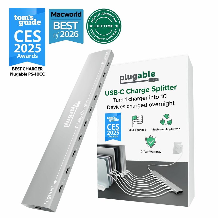 Plugable 10 Port USB C Charging Station, Up to 100W Charger for Multiple Devices with Priority Charging