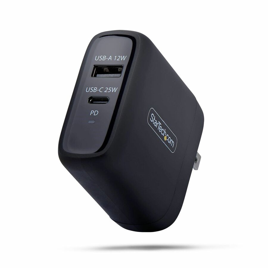 StarTech 37W USB-C & USB-A Wall Charger, Portable Charger with USB Power Delivery Fast Charging, 25W USB-C PD / 12W USB-A Output
