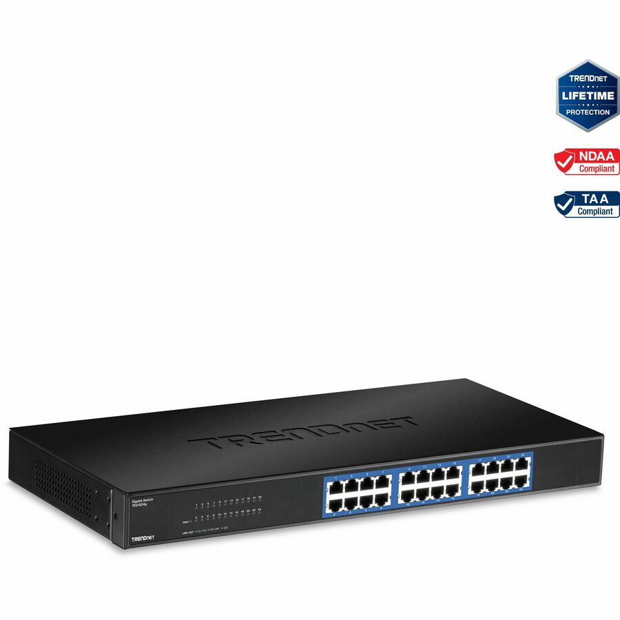 TRENDnet 24-Port Unmanaged Gigabit 10/100/1000 Mbps GREENnet Switch, 24 x Gigabit RJ-45 Ports, 48 Gbps Switch Fabric, Fanless, Metal Housing, Rack Mountable, Lifetime Protection, Black, TEG-S24G