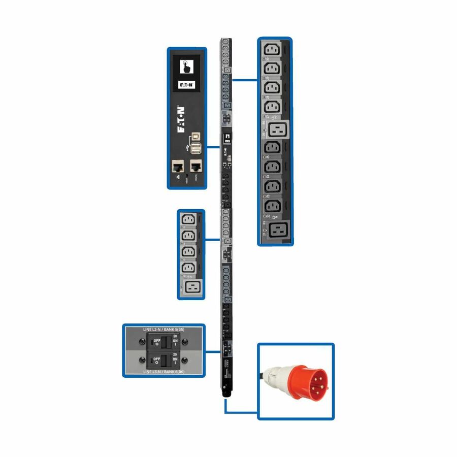 Tripp Lite by Eaton PDU 23kW 220-240V 3PH Switched PDU - LX Interface Gigabit 30 Outlets IEC 309 32A Red 380-415V Input LCD 1.8 m Cord 0U 1.8 m Height TAA