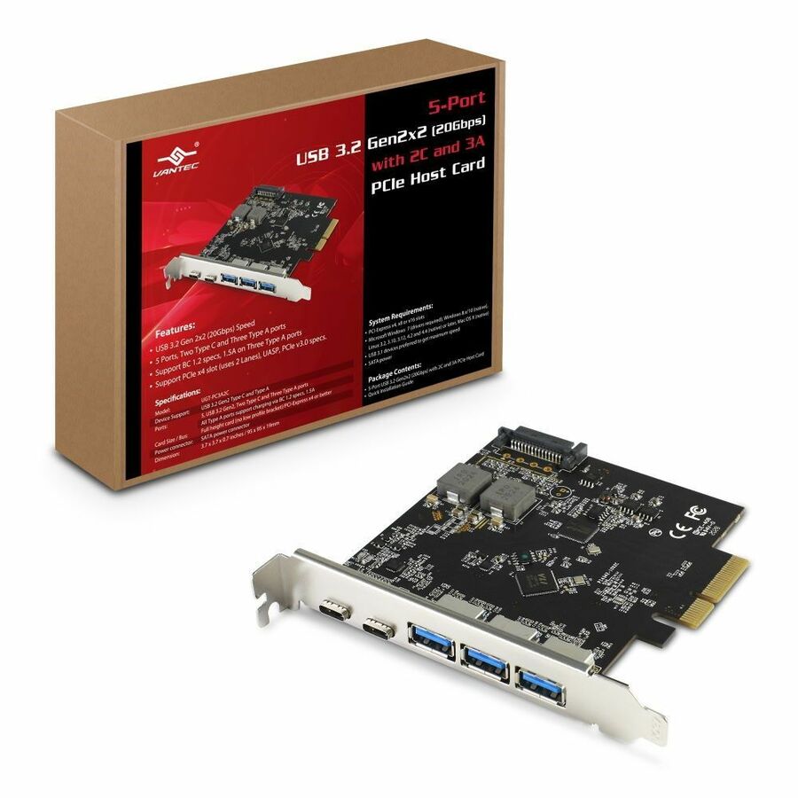 Vantec 5-Port USB 3.2 Gen2x2 (Total 20Gbps) With 2C And 3A PCIe Host Card