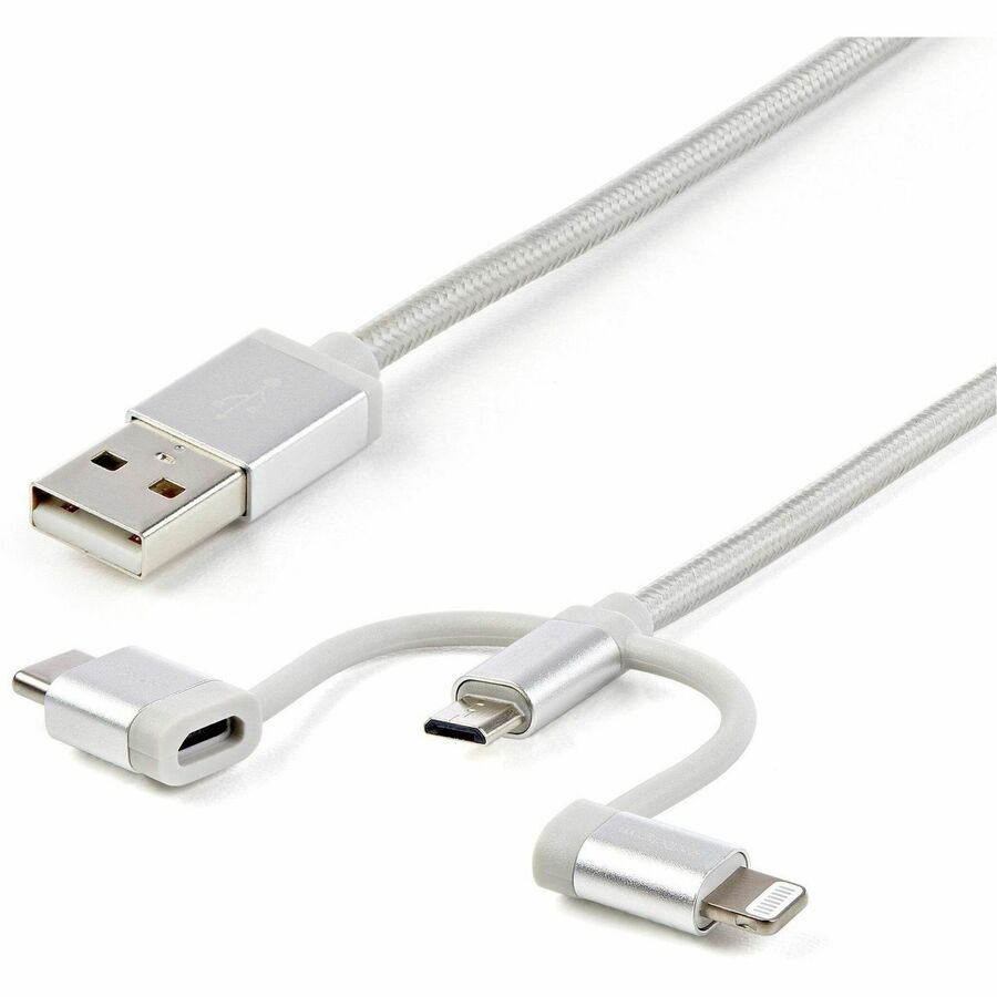 StarTech 1m USB Multi Charging Cable - Braided - Apple MFi Certified - USB 2.0 - Charge 1x device at a time - For USB-C or Lightning devices attach the corresponding connector of the cable to the Micro-USB connector and plug into your device - For Micro-USB devices plug the middle connector into your device