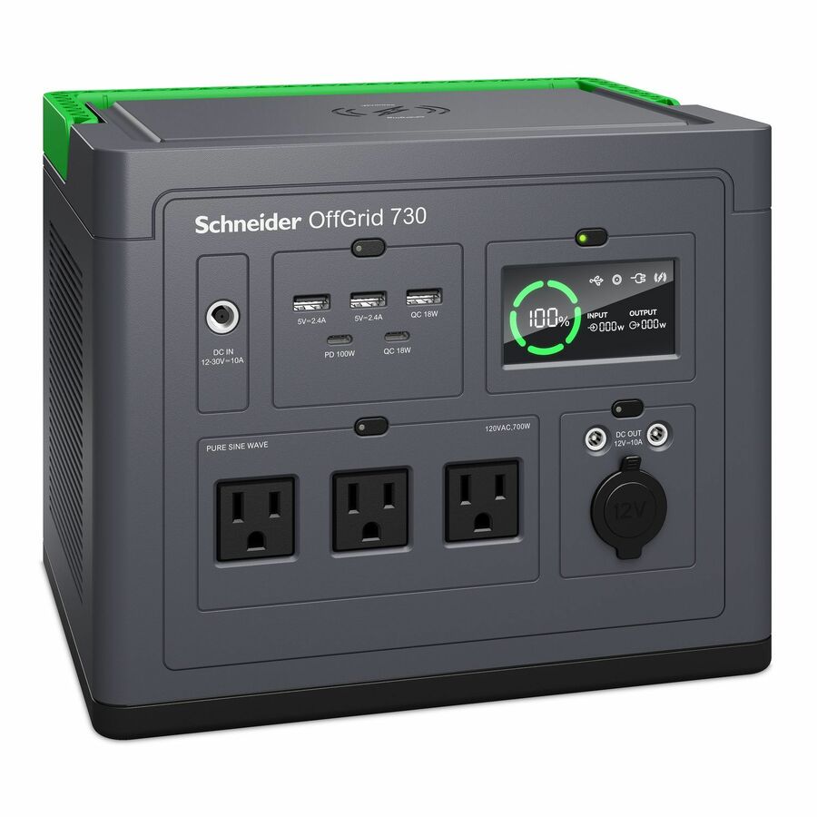 Schneider Electric Schneider OffGrid Portable Power Station 730, 700W, 120V, 738Wh Lithium-ion, LCD, 3 NEMA, Sinewave, 3 USB-A, 2 USB-C, Wireless Charger
