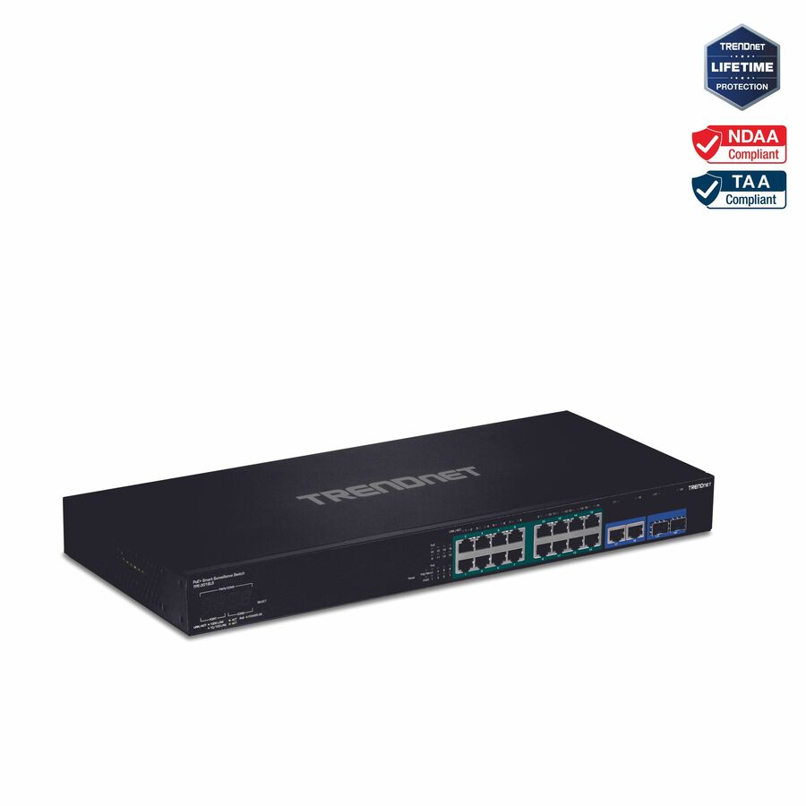Roll over image to zoom in TRENDnet 18-Port Gigabit PoE+ Smart Surveillance Switch with 16 x Gigabit PoE+ Ports; TPE-3018LS; 2 x Shared Gigabit Ports (RJ-45 or SFP); 220W PoE Budget; Long Range PoE+; VLAN; QoS; LACP; ONVIF