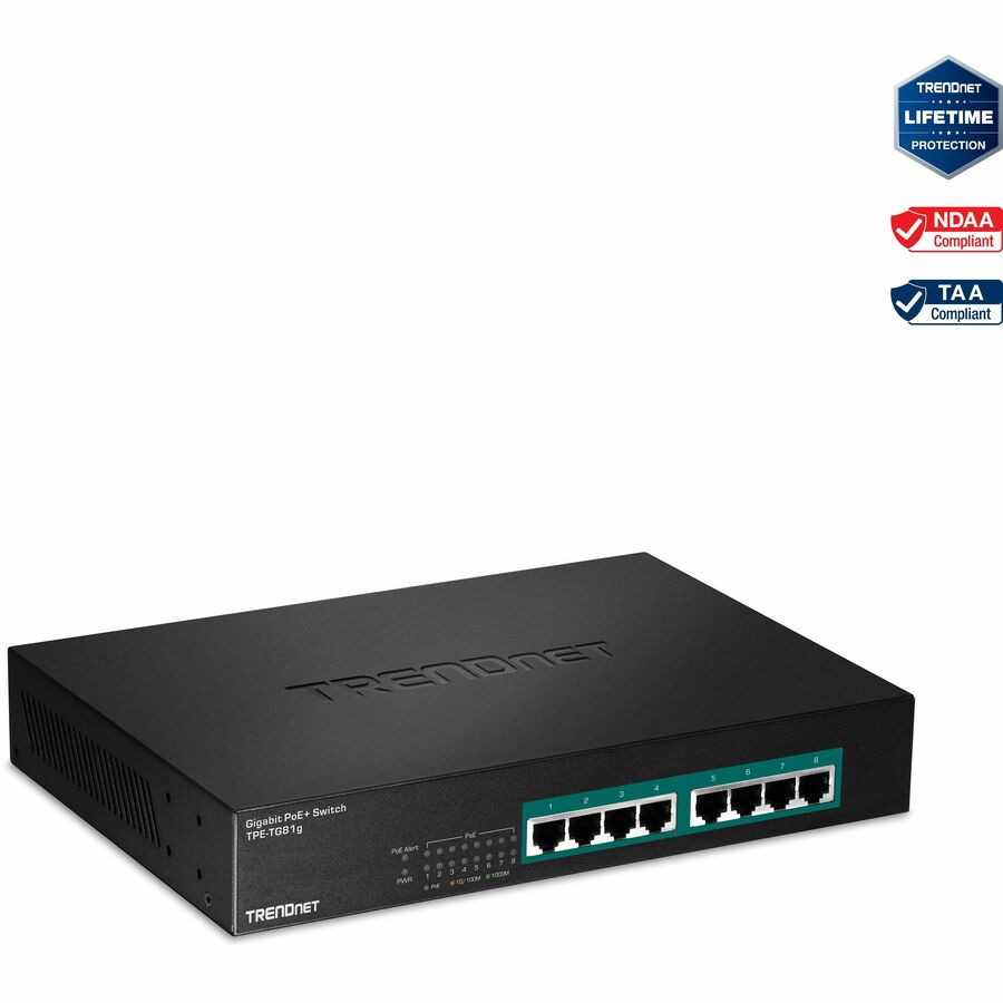 TRENDnet 8-Port Gigabit GREENnet PoE+ Switch, TPE-TG81g, 8 x Gigabit PoE+ Ports, Rack Mountable, Up to 30 W Per Port with 110 W Total Power Budget, Ethernet Network Switch, Metal, Lifetime Protection