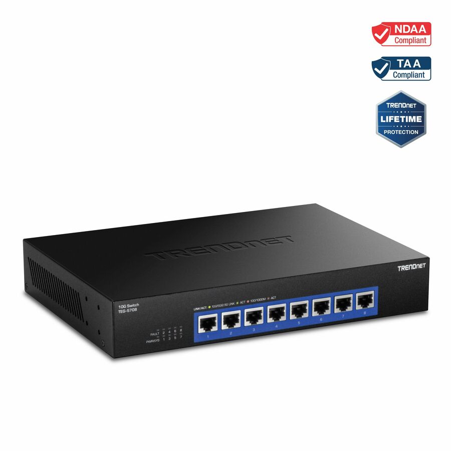 TRENDnet 8-Port 10G Switch, TEG-S708, 8 x 10G RJ-45 Ports, 160Gbps Switching Capacity Rack mountable, Ethernet Splitter, NDAA & TAA Compliant, Lifetime Protection, Black