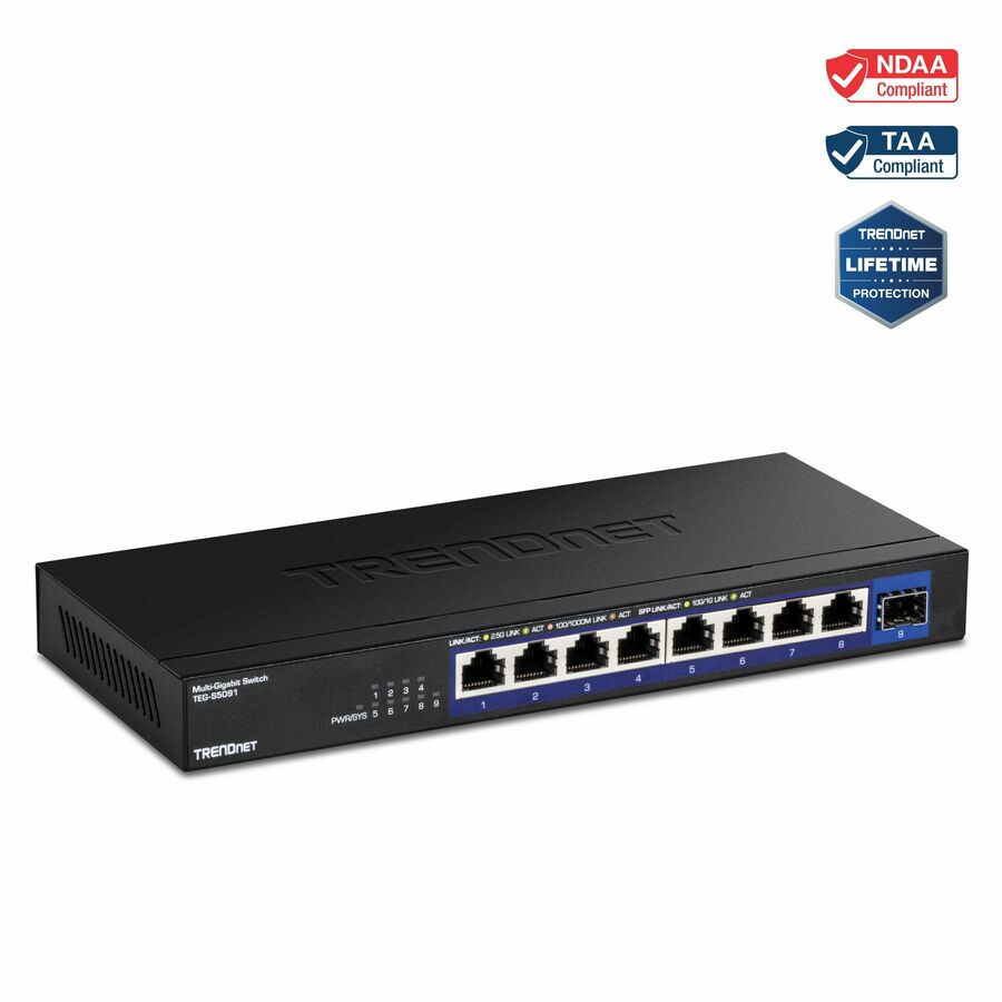 TRENDnet 9-Port Unmanaged 2.5G Switch with 10G SFP+ Port, TEG-S5091, 8 x 2.5GBASE-T Ports, 60Gbps, Wall Mountable, Ethernet Splitter, NDAA & TAA Compliant, Lifetime Protection, Black