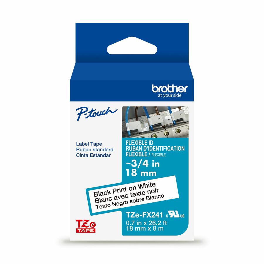 Brother Genuine P-touch TZeFX241 BK on WHT Label Tape, Flexible ID Laminated, 18mmX8m