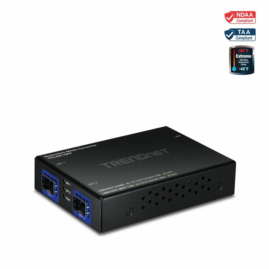 TRENDnet 1000BASE-T to Dual SFP Fiber Media Converter with Redundant Mode, TFC-G21SFP, 1 x Gigabit RJ45 Port, 2 x Gigabit SFP Ports, NDAA & TAA Compliant