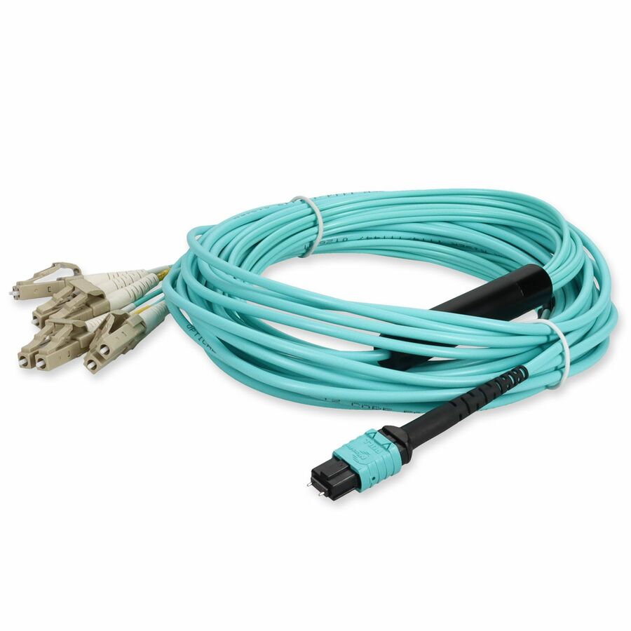 AddOn 8m MPO/UPC (Male) to 4xLC Duplex (8xLC)/UPC Aqua OM4 OFNR (Riser-Rated) 8-Strand Fiber Fanout Cable