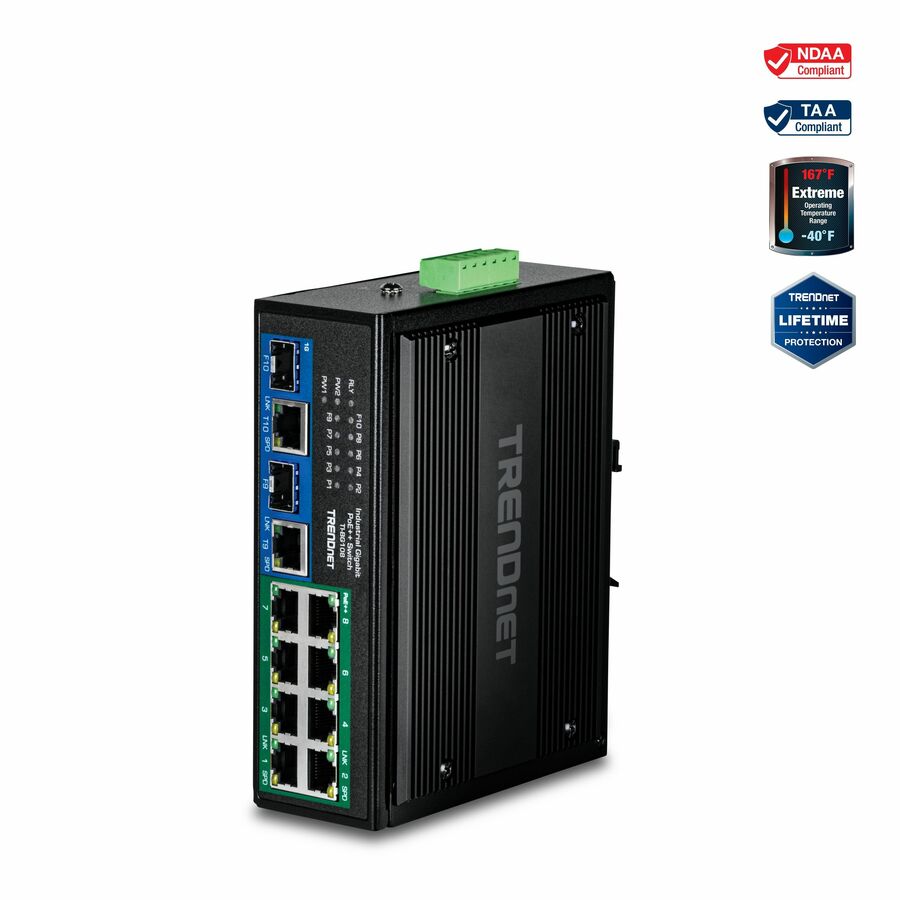 TRENDnet 10-Port Industrial Gigabit 400W PoE++ DIN-Rail Switch, TI-BG108, 8 x Gigabit PoE++ Ports, 2 x Gigabit Shared Ports (RJ-45 / SFP), 20Gbps, 400W, Lifetime Protection