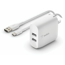 Belkin BoostCharge Dual USB-A Wall Charger 24W (USB-A to USB-C cable included) - Power Adapter