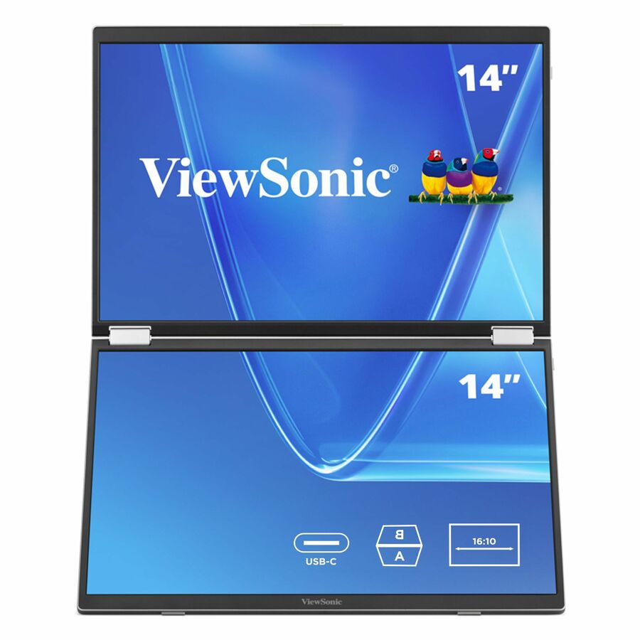 ViewSonic VG1457 Dual Screen 14 Inch 1200p Portable Monitor, Foldable IPS for Comfortable Mobile Workspaces, G-Sensor for Automatic Screen Rotation, 65W USB-C Power Delivery, and Dual USB-C Inputs