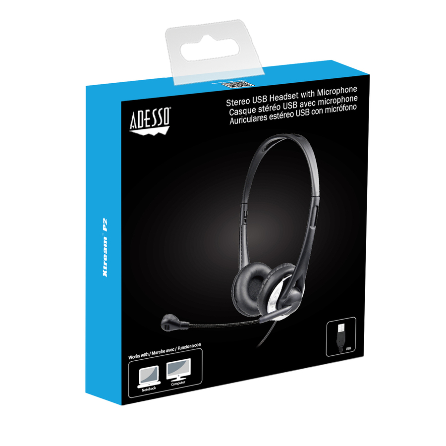 Adesso USB Stereo Headset with Adjustable Microphone- Noise Cancelling- Mono - USB - Wired - Over-the-head - 6 ft Cable -, Omni-directional Microphone - Black