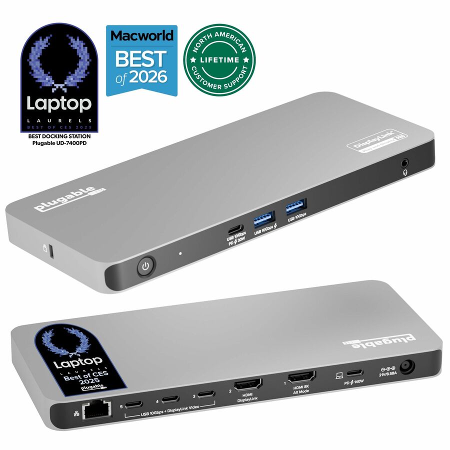 Plugable USB C Docking Station 5 Monitors, 140W DisplayLink Dock Connects up to Five 4K Displays for MacBook Windows Thunderbolt 4 Laptops